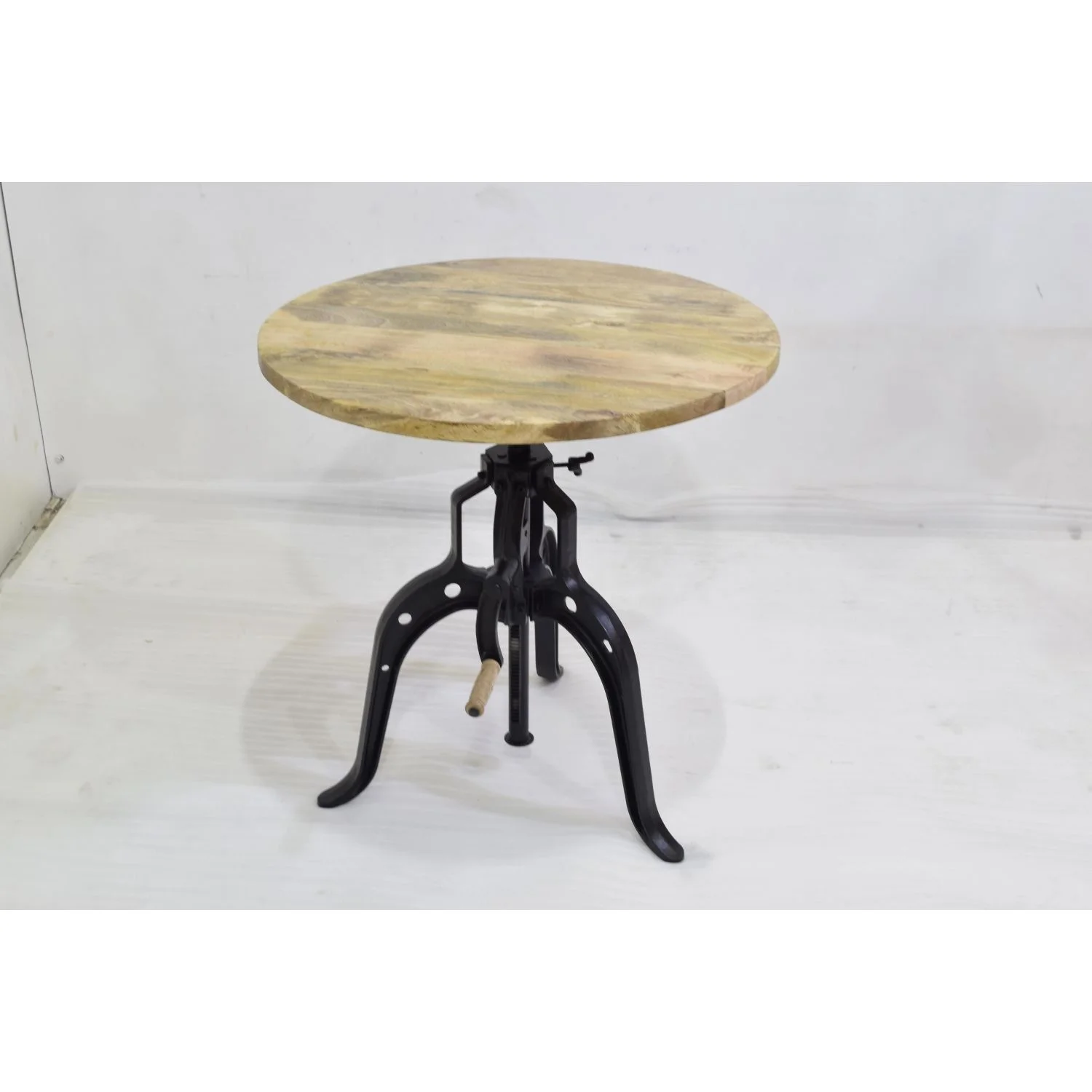 Cast Iron Hand Adjustable Crank Mechanism  Dining  Round Mango Wood Top Cafe Restaurant Table
