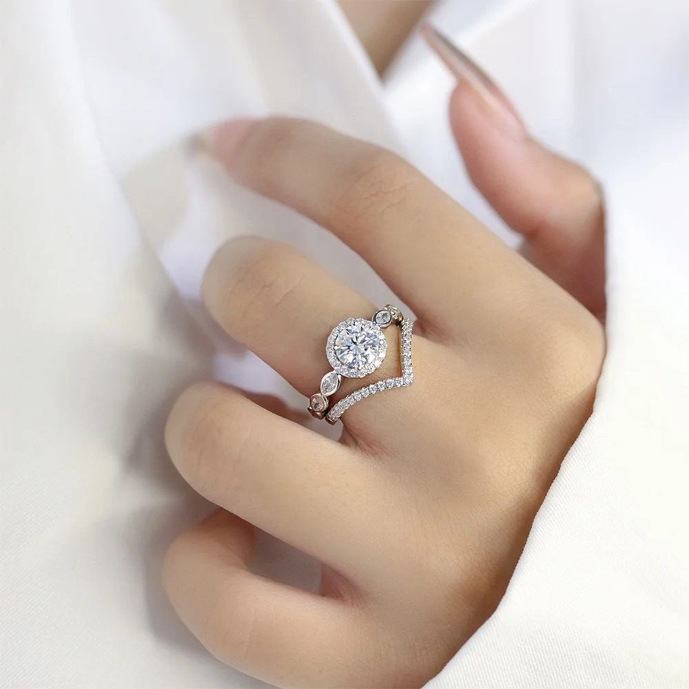 Ideal Cut Moissanite Diamond Jewelry Hypoallergenic 925 Silver 2 IN 1 Wedding Bridal Engagement Halo Ring Set Destiny Jewellery