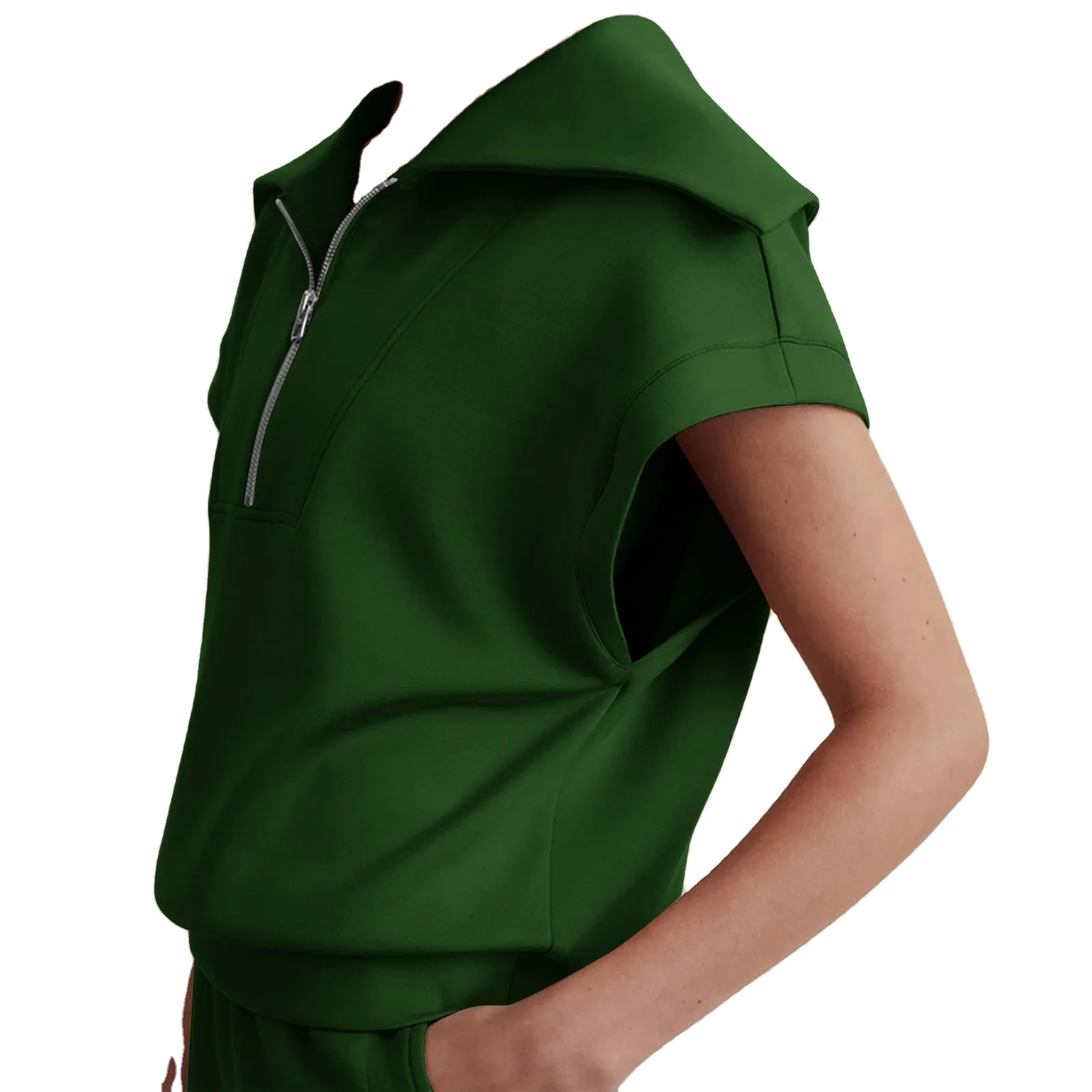 2024 Women clothing casual solid colour half zip top hoodie short sleeve and drawstring high waited shorts tracksuit Sweatshirt