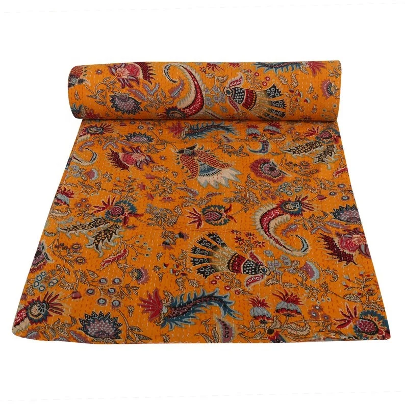 Indian Cotton Kantha Throw Hand Stitched Kantha Blanket Handmade Floral Design Kantha Quilt