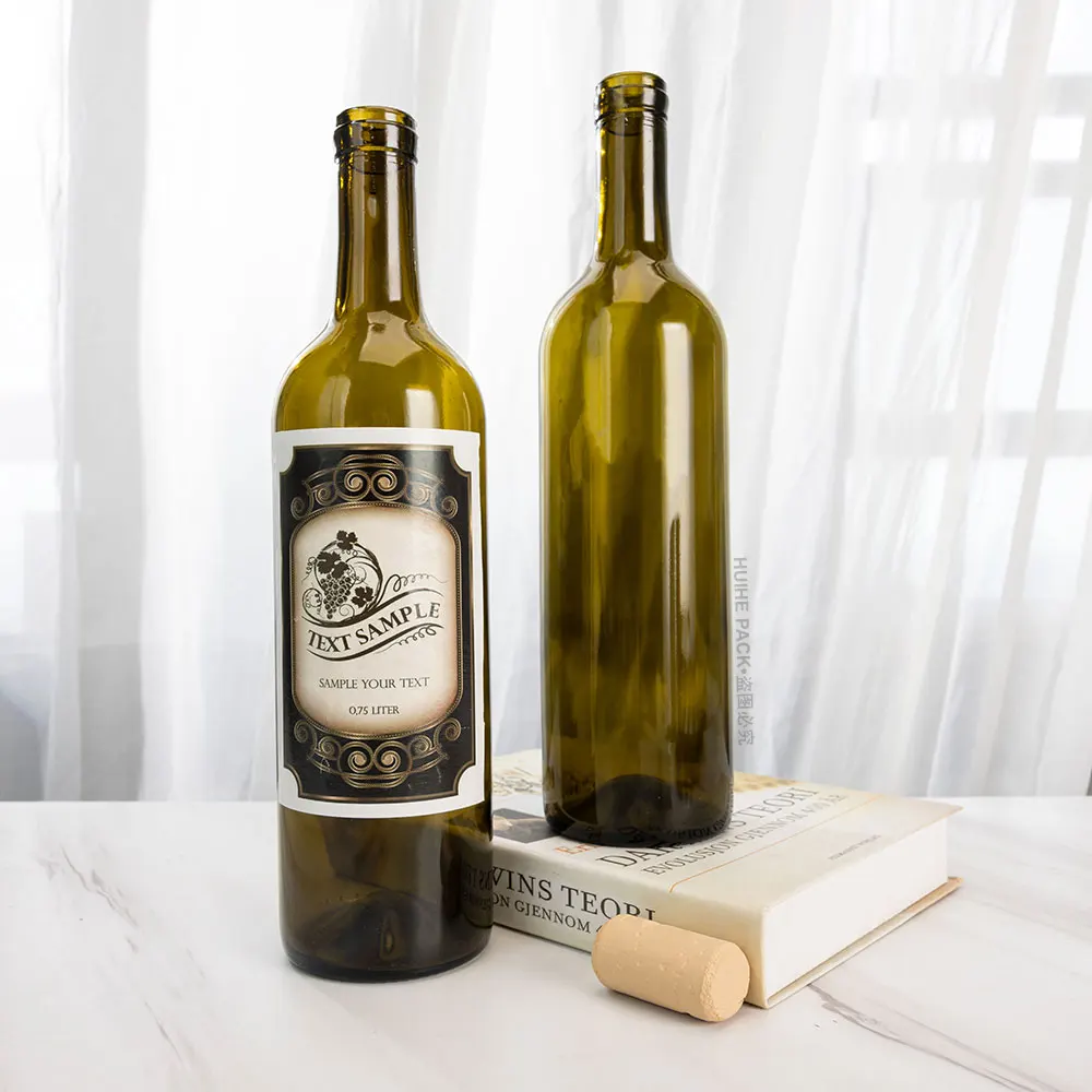 Custom Paper Label Cheap Buy 750ml Olive Green Bordeaux Lightweight Red Wine Glass Bottles with Natural Corks