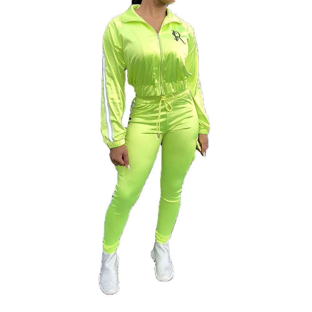 Women Side Reflective Strip Long Sleeve Jacket Top  Pencil Sweatpants Suits 2 Two Pieces Set