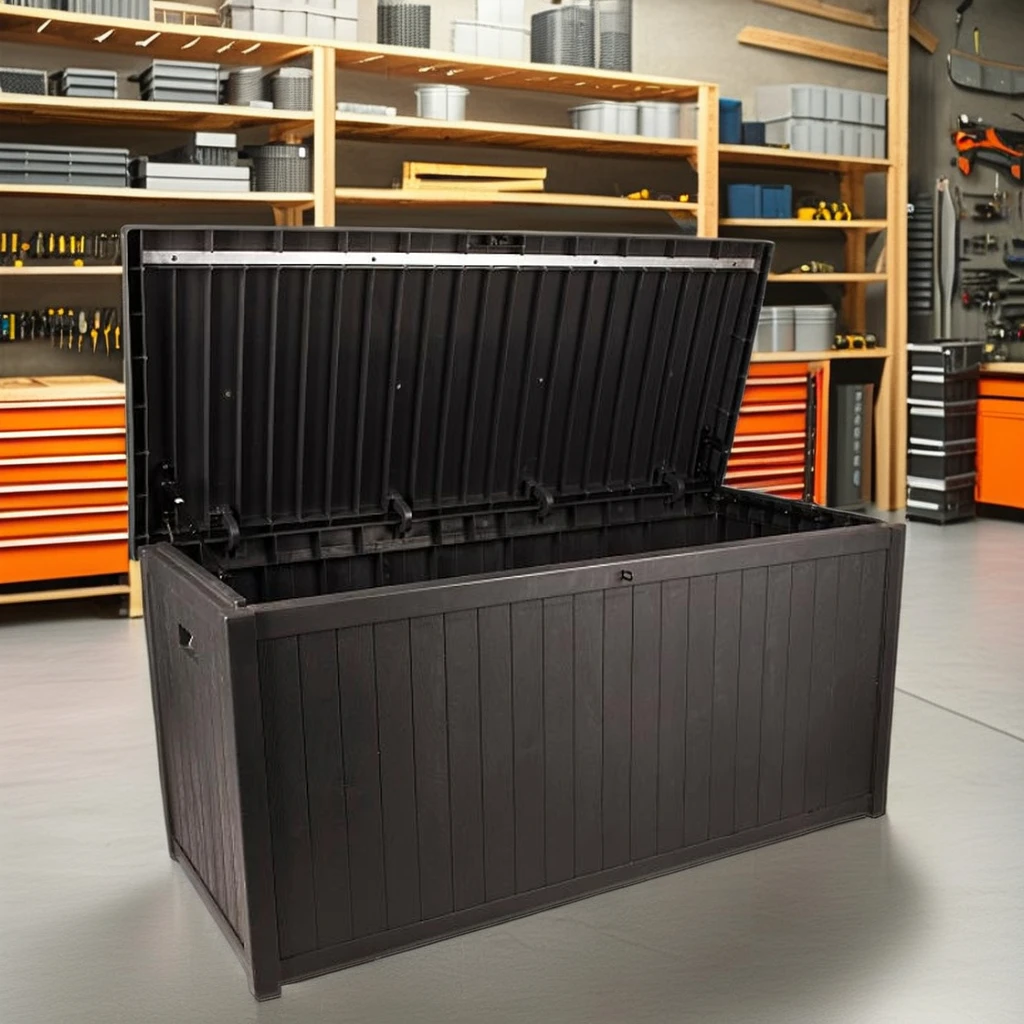 Большой современный дизайн 430L полимерная Напольная Коробка для хранения на открытом воздухе из полипропилена пластиковая с алюминиевой крышкой садовые инструменты Складные функции