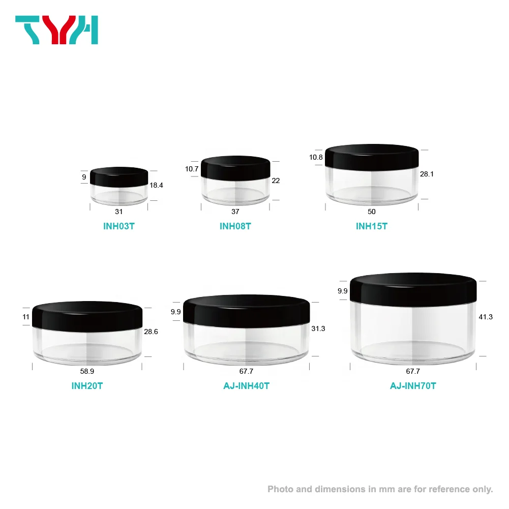 8ml SAN PET Clear Loose Powder Jar PE Sifter With ABS PMMA Glossy Black Round Screw Cap (INH08T)