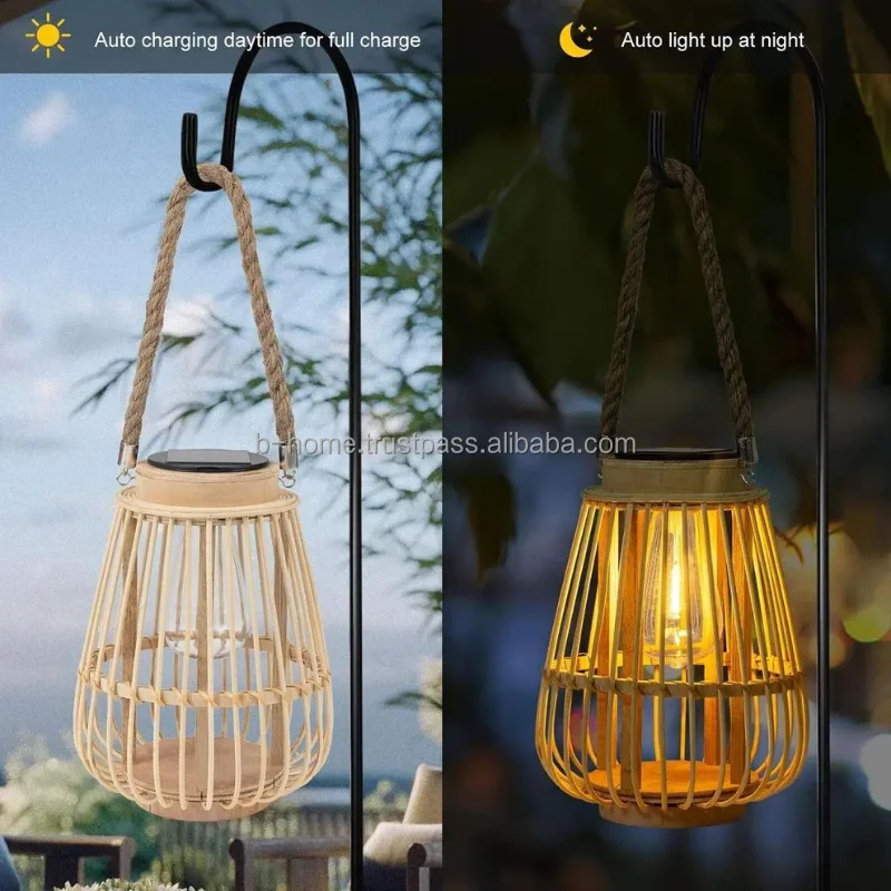 Outdoor Hanging Solar Lantern Waterproof Wicker Bamboo Rattan Lamp with RGB Chandelier round Neck Bamboo Fan Handicraft