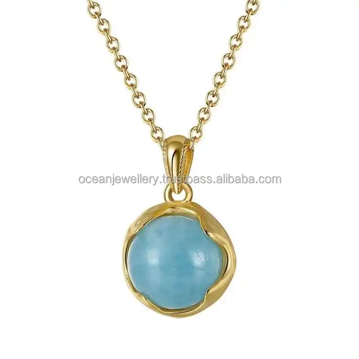 925 Sterling Silver Minimalist Natural Aquamarine 14K Gold Plated Pendant For Women Aquamarine Charm Pendant With Chain