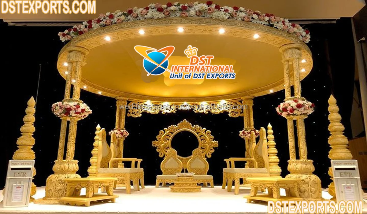 Best Traditional Indian Wedding Mandap Design with Arch Shape Square and Triple Pillars Trending Pipe and Drape Decorations