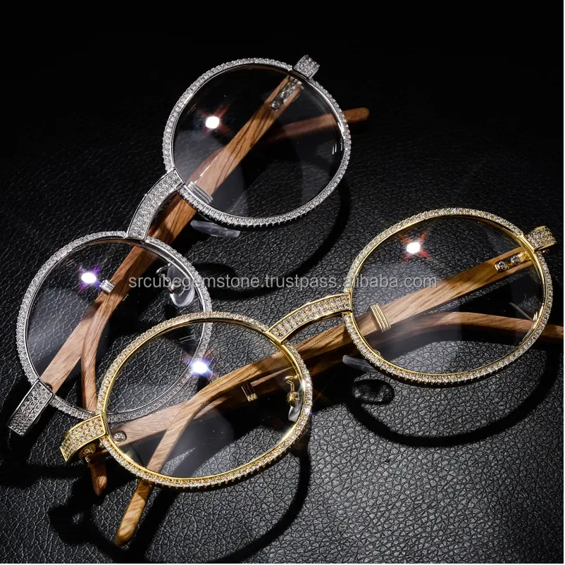 Vintage Round Moissanite Sunglasses Luxury Men Women Oval Crystal Wood Glasses Fashion Eyewear Hip Hop Jewelry