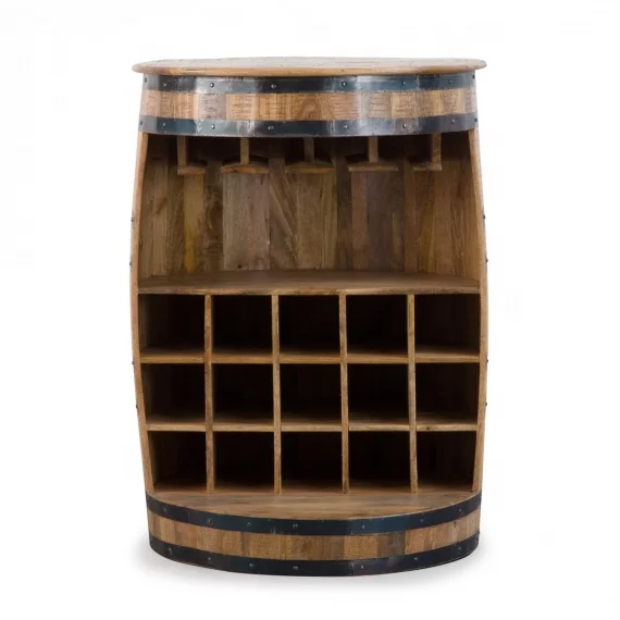 Vintage industrial barrel styled mango wood wine rack cabinet