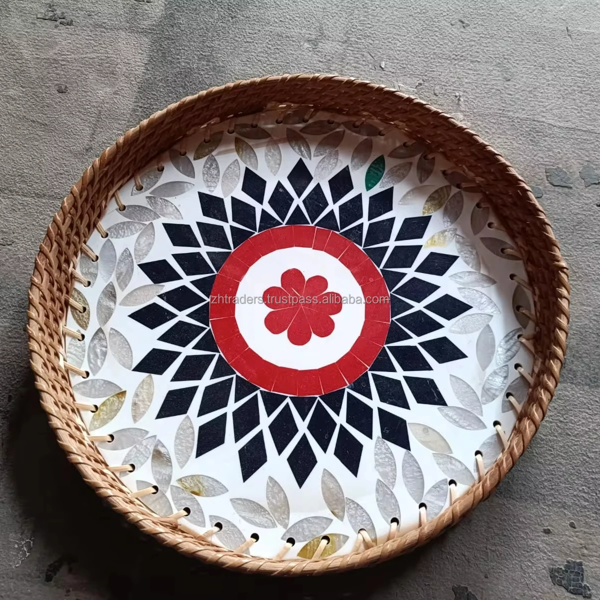 Stylish Kitchen and Home Decor Artisan-Made Rattan Tray with Mother of Pearl Accents Wood and Acrylic Material for Gifting