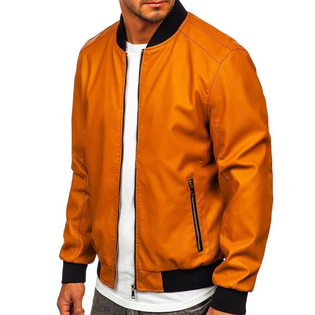  Мужская кожаная куртка-бомбер верблюжьего и коричневого цвета