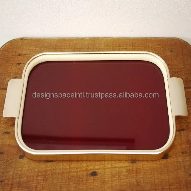 Glass Serving Tray with Metal Gold Outline and Handle at best rate