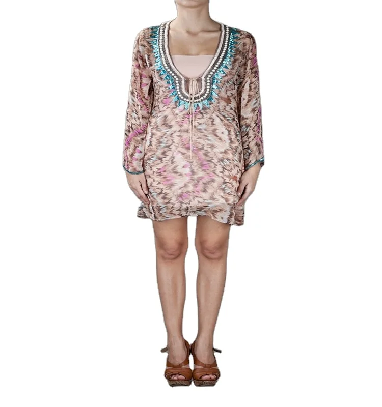 Digitally printed  Beach Tunic with white bead and blue stone embroidery  beach party wear short tunic coverup for ladies