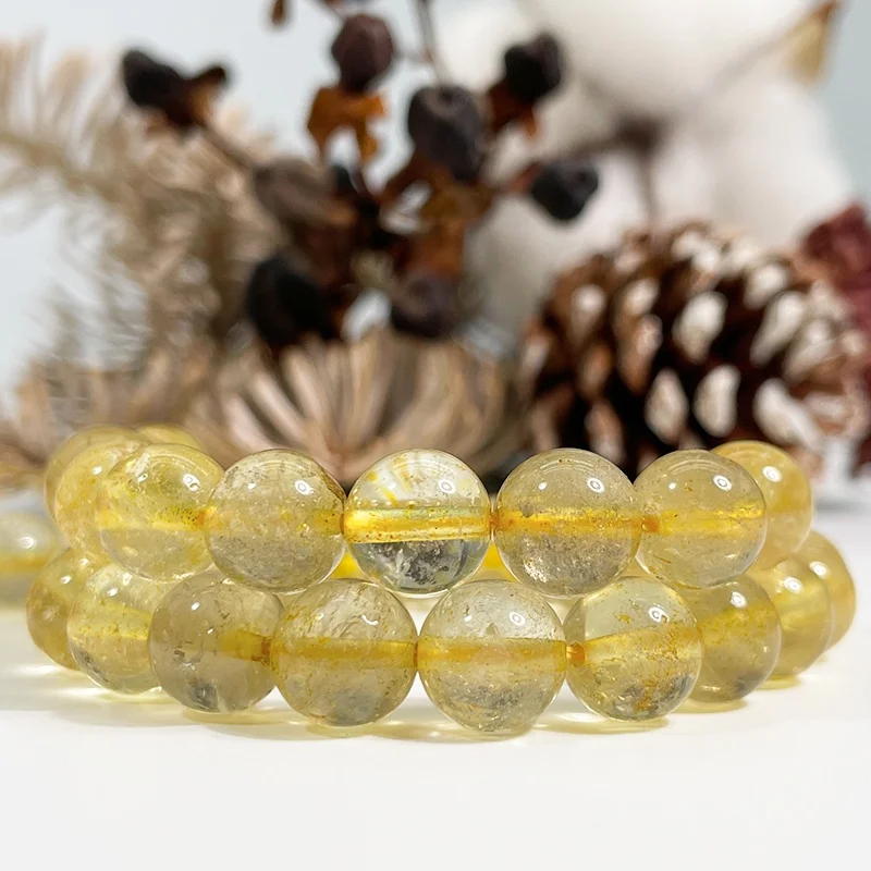 Wholesale Natural Gold Rutilated Quartz Smooth Polished Round Loose Gemstones Beads for Jewelry Making 15.5 Inches Strand