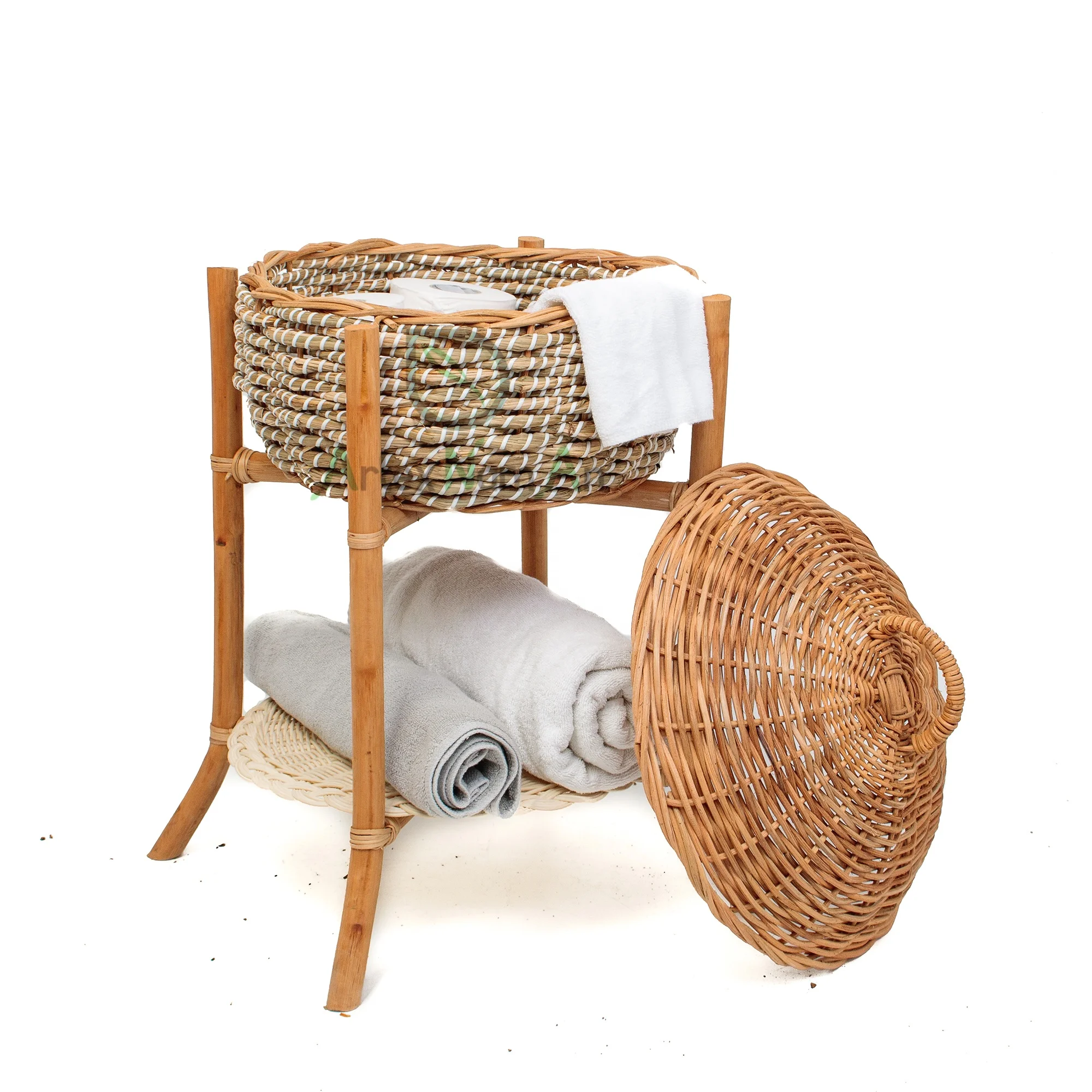 Household essentials large seagrass wicker laundry hamper with lid/freestanding clothes basket/tall storage basket with stand