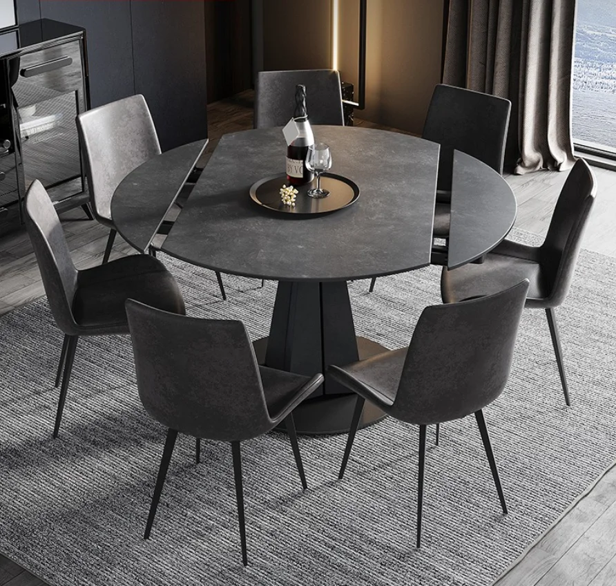 Minimalist Round Marble Sintered Stone Top Steel Metal Legs Base Rectangular Dining Table