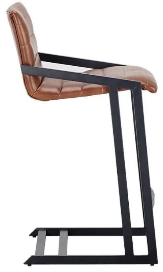 Leather counter bar chair with brown leather seat high backrest and iron metal frame bar chair for restaurant chair