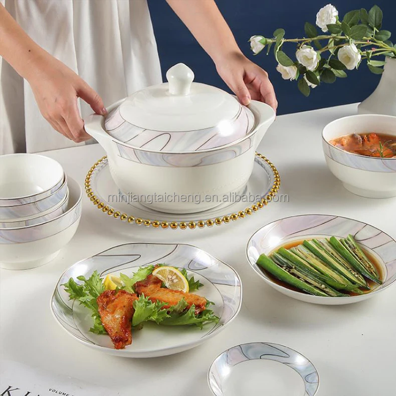 Bone Porcelain Household Food Plate 8/9 Inch Gold Circular Rice Fruit Tableware Dinner Tray Dishes Dinnerware Round Pan bowl Pot