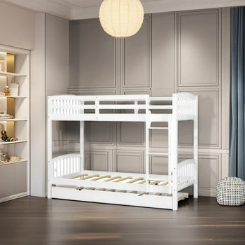 TWIN BUNK BED WITH SHELF + TRUNDLE Pine Bunkbed Kids Adults Solid Wood Bunk Bed High-quality Manufacture