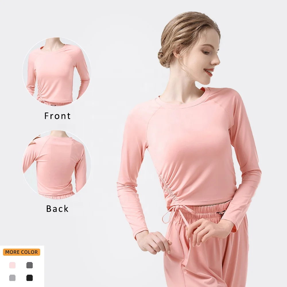 Wholesale Round Neck Drawstring Design Breathable Sportswear T-shirt Outdoor Gym Long Sleeve Yoga Tops Clothes For Women