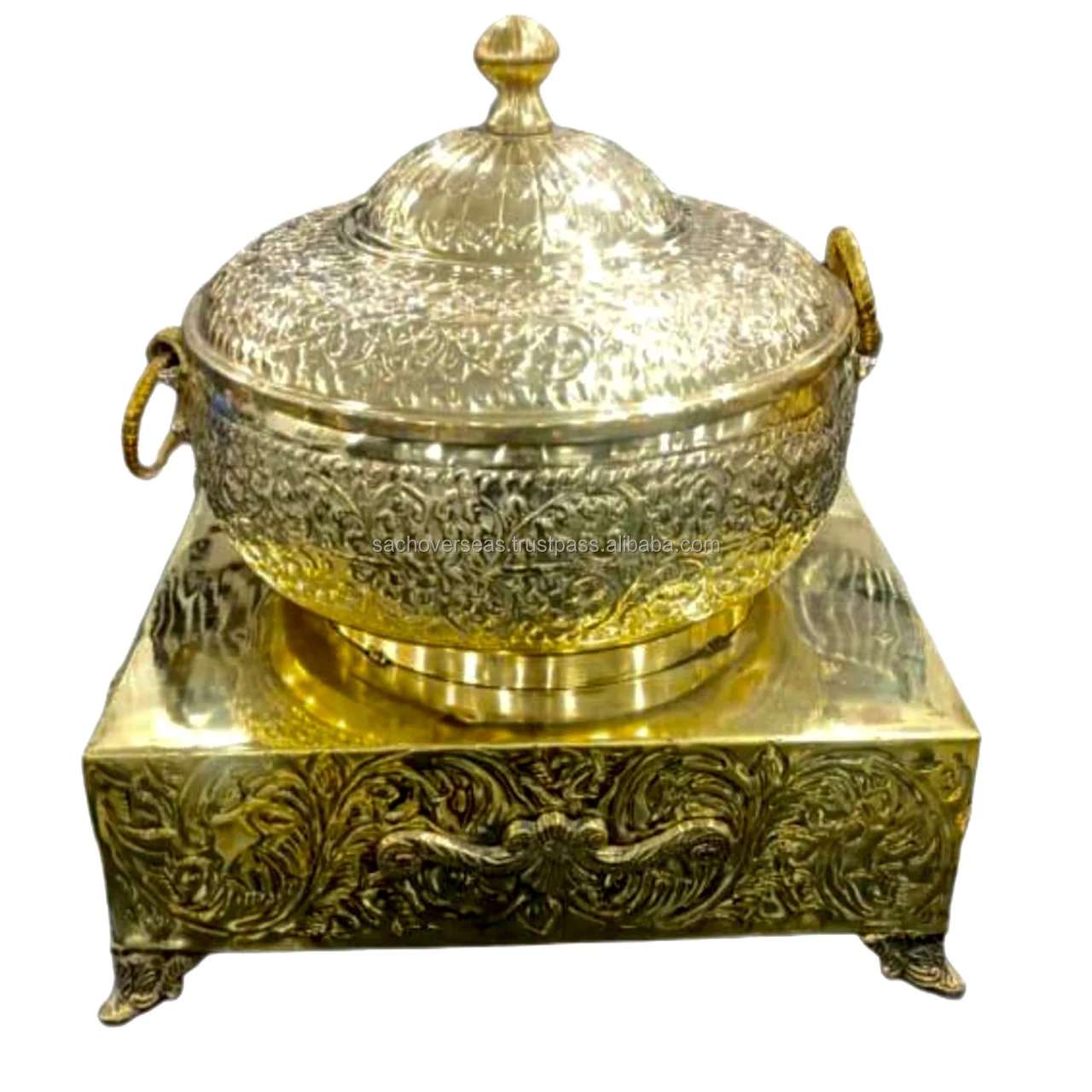 Luxurious Gold Round Mirror Finish Hammered Brass Metal Chafing Dish 6 Litre For Restaurants and Cafeteria Buffetware