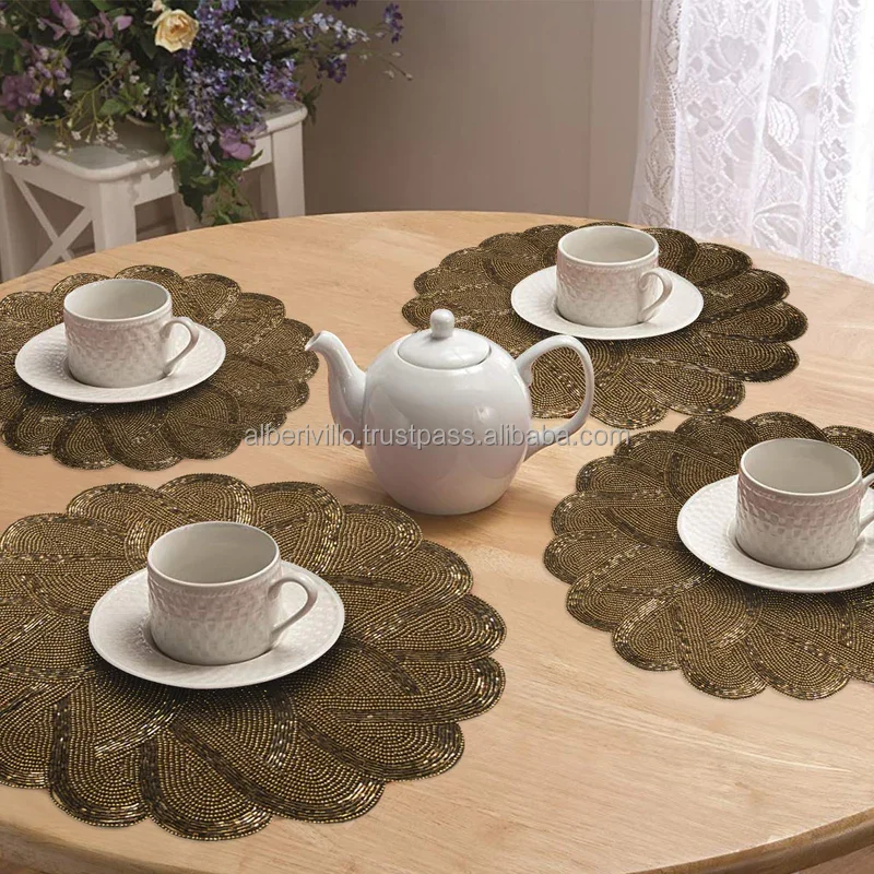 High Quality Home Decoration Placemats for Cup Coaster Flower Shaped Beaded Placemats Seed Bead Placemat Europe Style