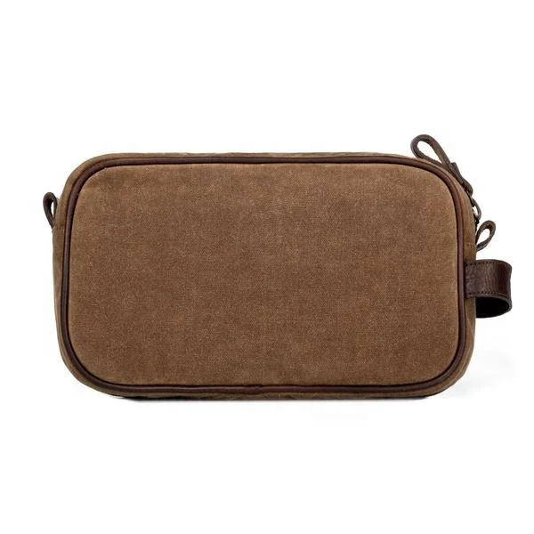 Custom Travel Waxed Canvas Mens Leather Toiletry Bag Cosmetic Bag Shaving Dopp Kit 6*10.5*3 Inches