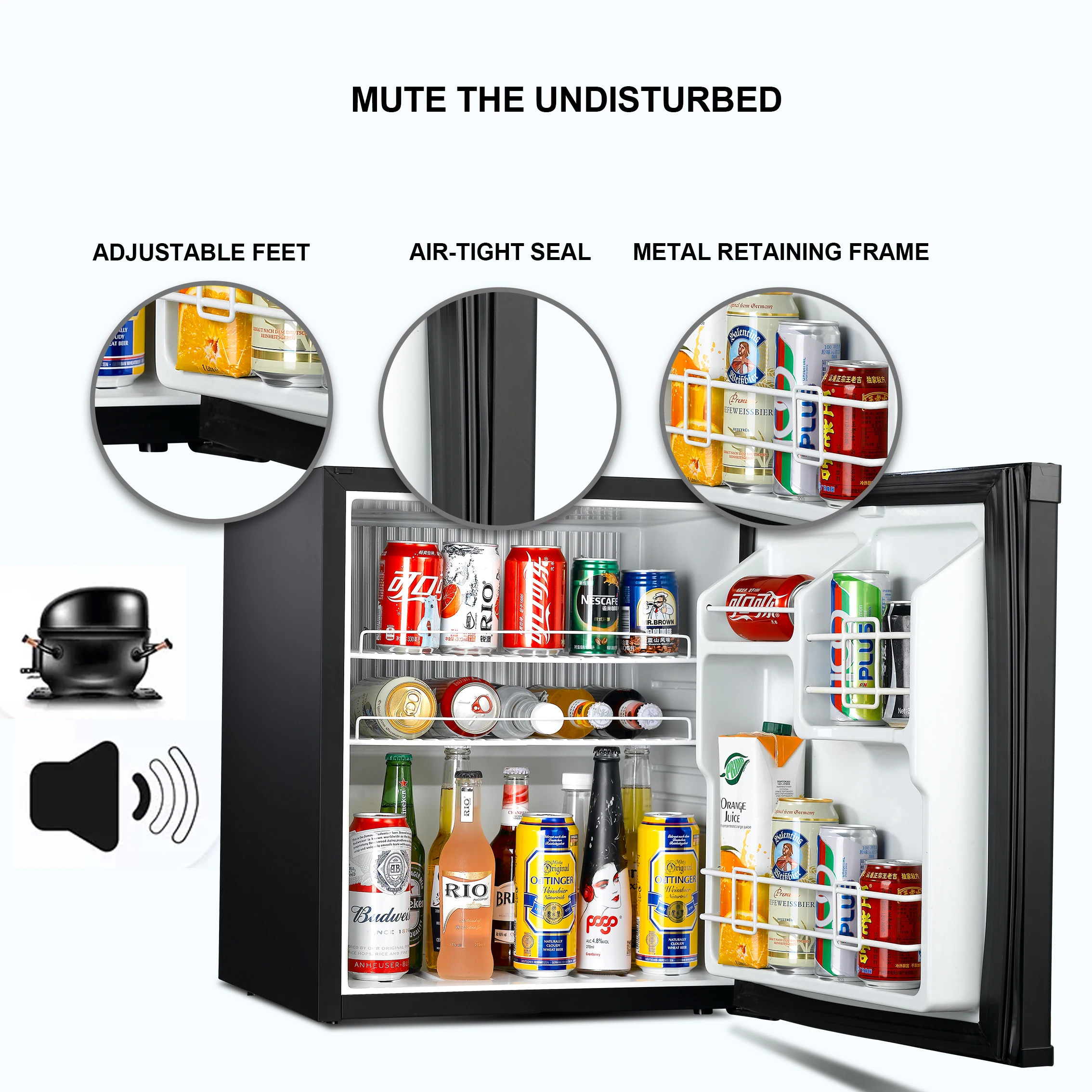 60L No Noise Table Top Mini Bar Refrigerator no noise hotel fridge With No Compressor minibar fridge for hotel