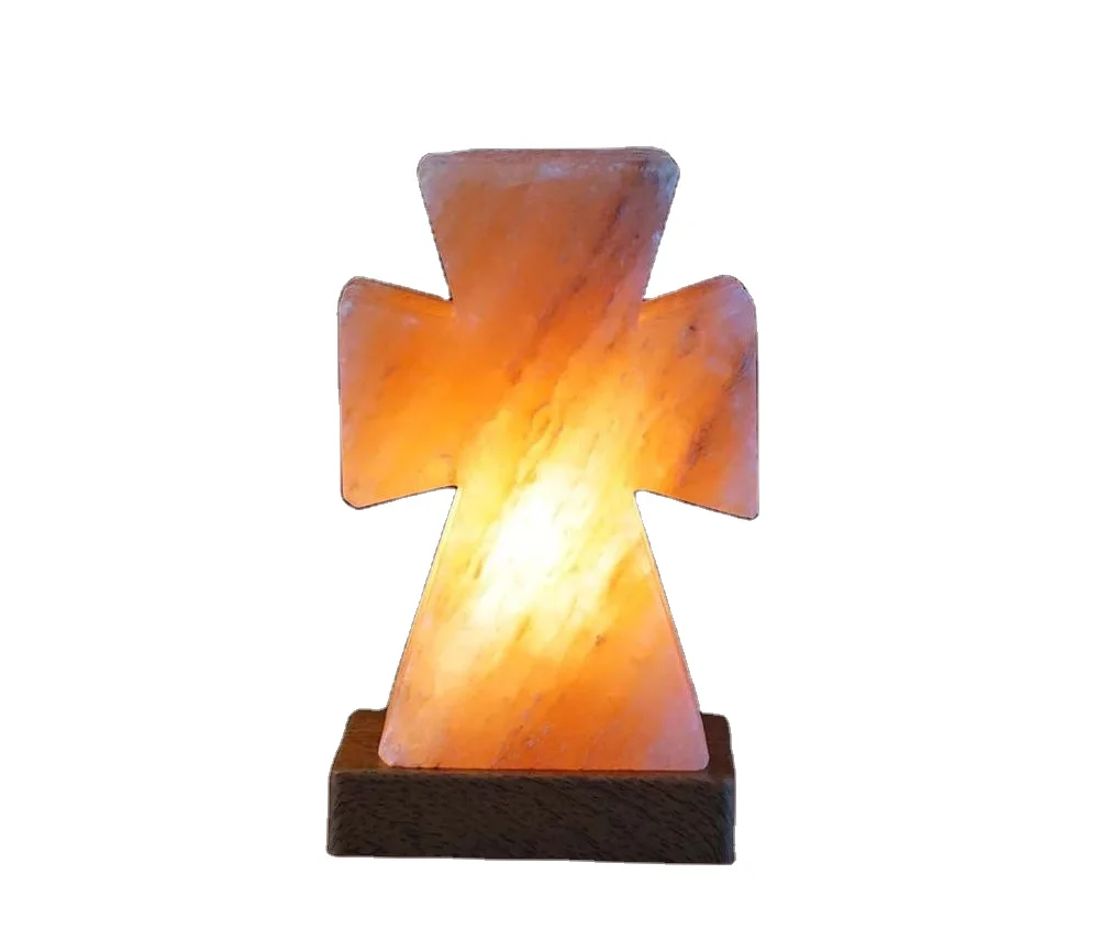 Handcarved Crystal Pink Dreamcatcher Cross Shaped Holy Design Rock Salt Lamp with Premium Quality Wood Base and Power Cable