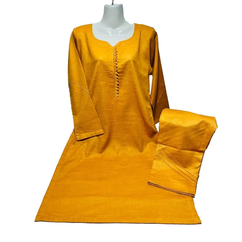 Wholesale ladies shalwar kameez In solid Yellow Color Over Design At Neckline Strip and sleeve bottom at Khaddar Fabric