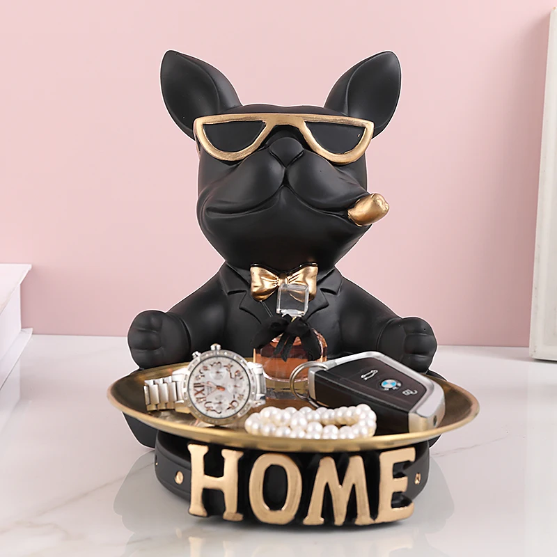 Resin Dog Sculpture Design Statue French Bulldog Butler with Metal Tray for Keys Holder Home Decor Animal Ornaments Nordic Art