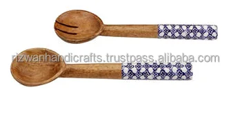 Wooden material Salad Bowl Enamel Coated with Wooden Salad serving Spoon, salad server