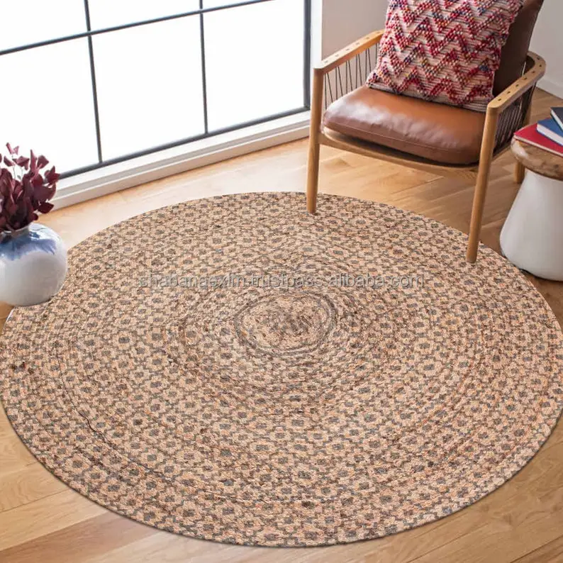 Wholesale Braided Jute Rug Handwoven Bedroom Jute Carpet Custom Hand Printed Floor Rug
