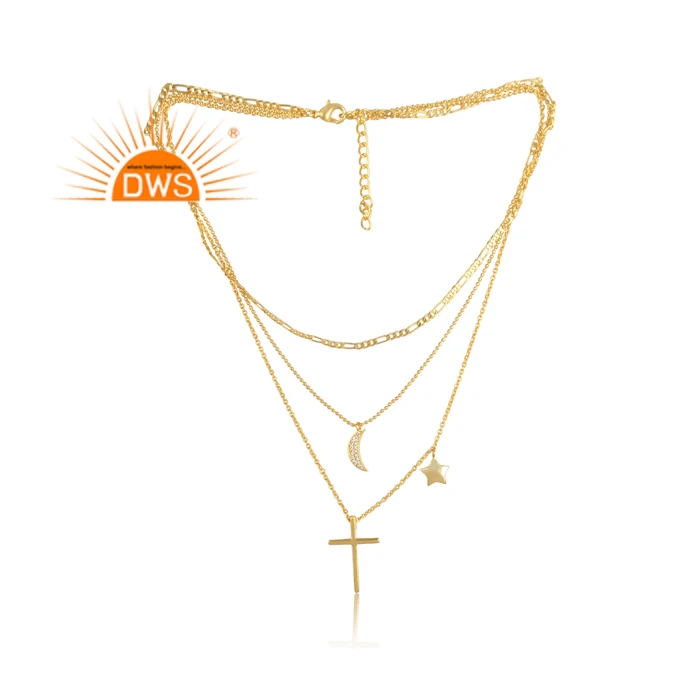 CZ Star Moons And Cross Charms Set Fancy Brass Necklace Handmade Brass Gold Plated Classic Lariat Thread Necklace Jewelry