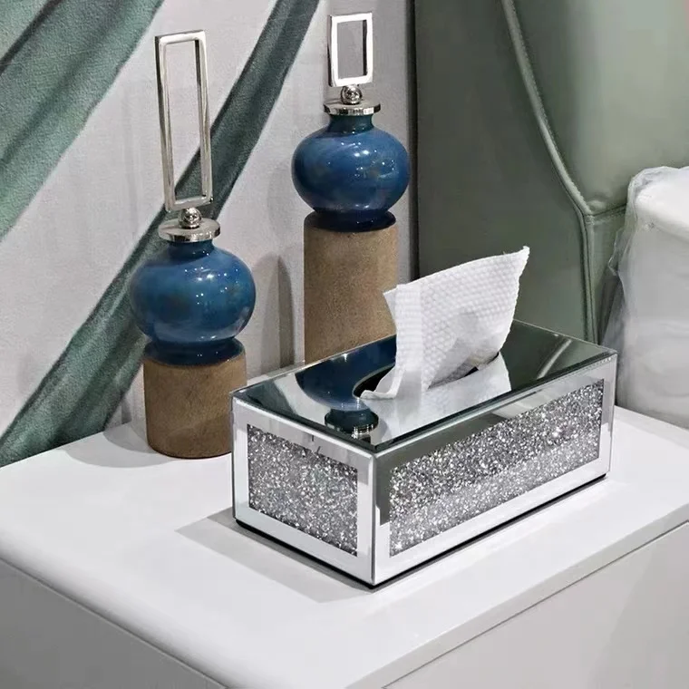 Crushed Diamond Mirror Silver Luxury Unique Crushed Diamond Rectangular Mirrored Tissue Box Tissue Holders Mirror Tissue Box