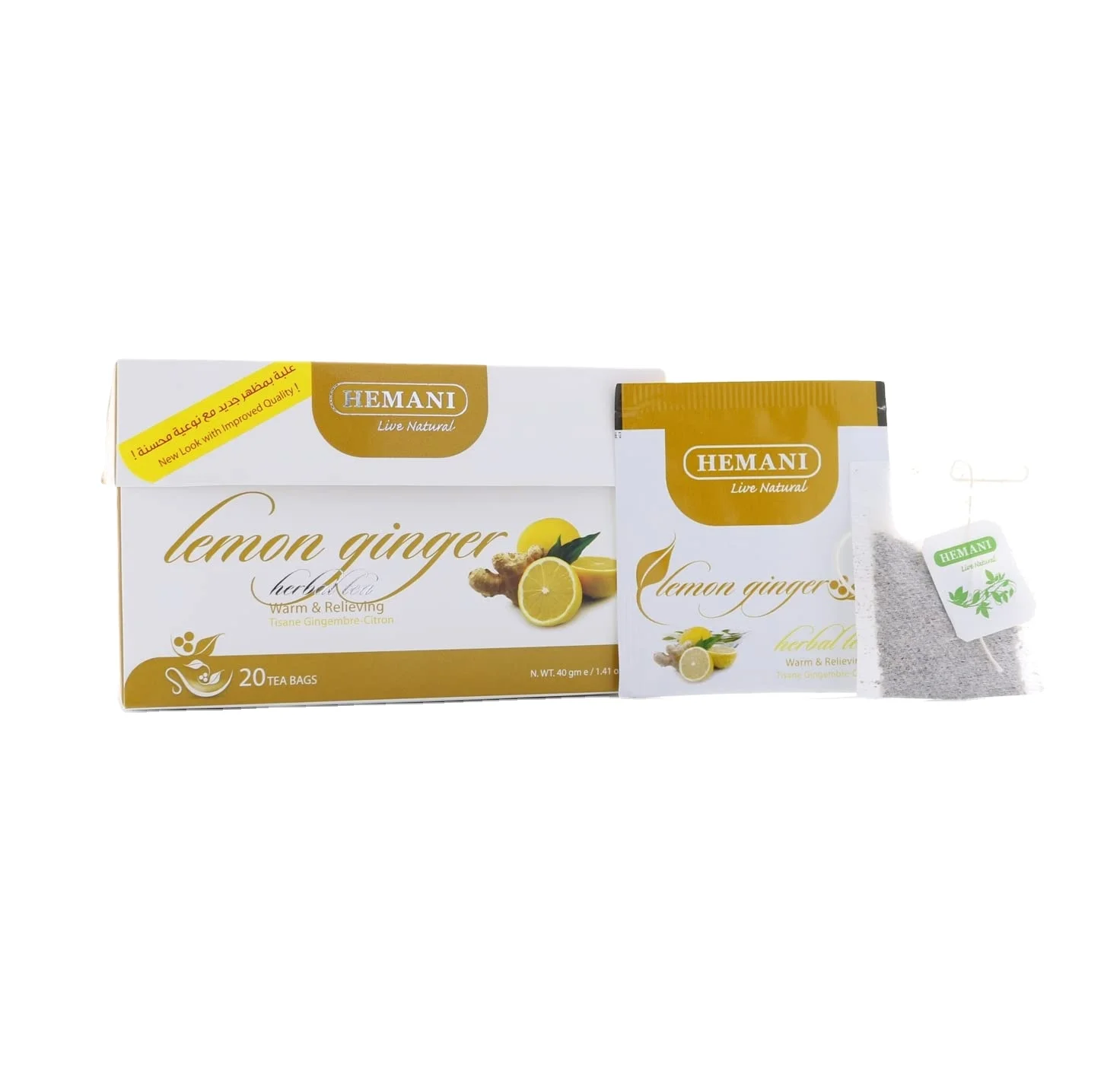 Natural & Organic, Hemani HERBAL TEA - LEMON GINGER, 2g x 20 teabags / Box 40g, Reduces Pain, Sore Muscle, Nausea & Detox Tea