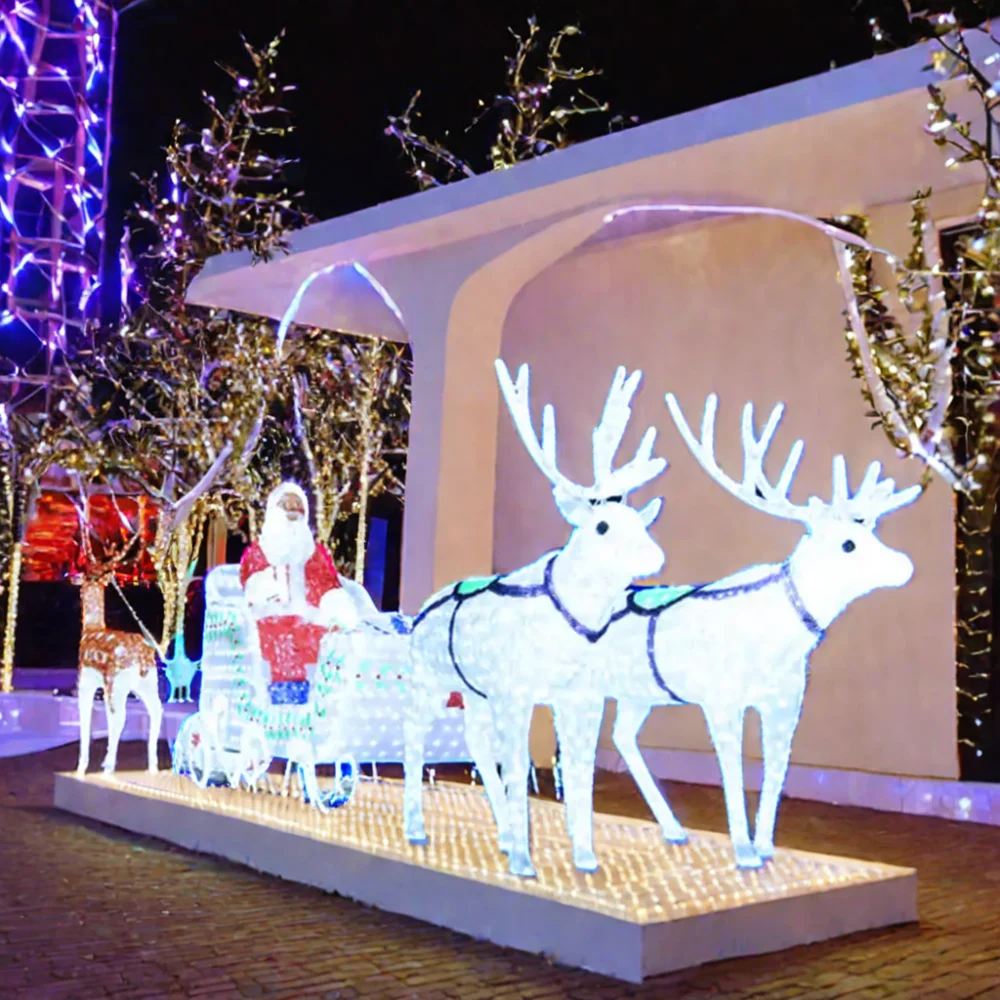 Outdoor holiday Lighted life size Acrylic 3D Large Deer Decorations Led Christmas Motif Light santa claus sleigh with reindeer