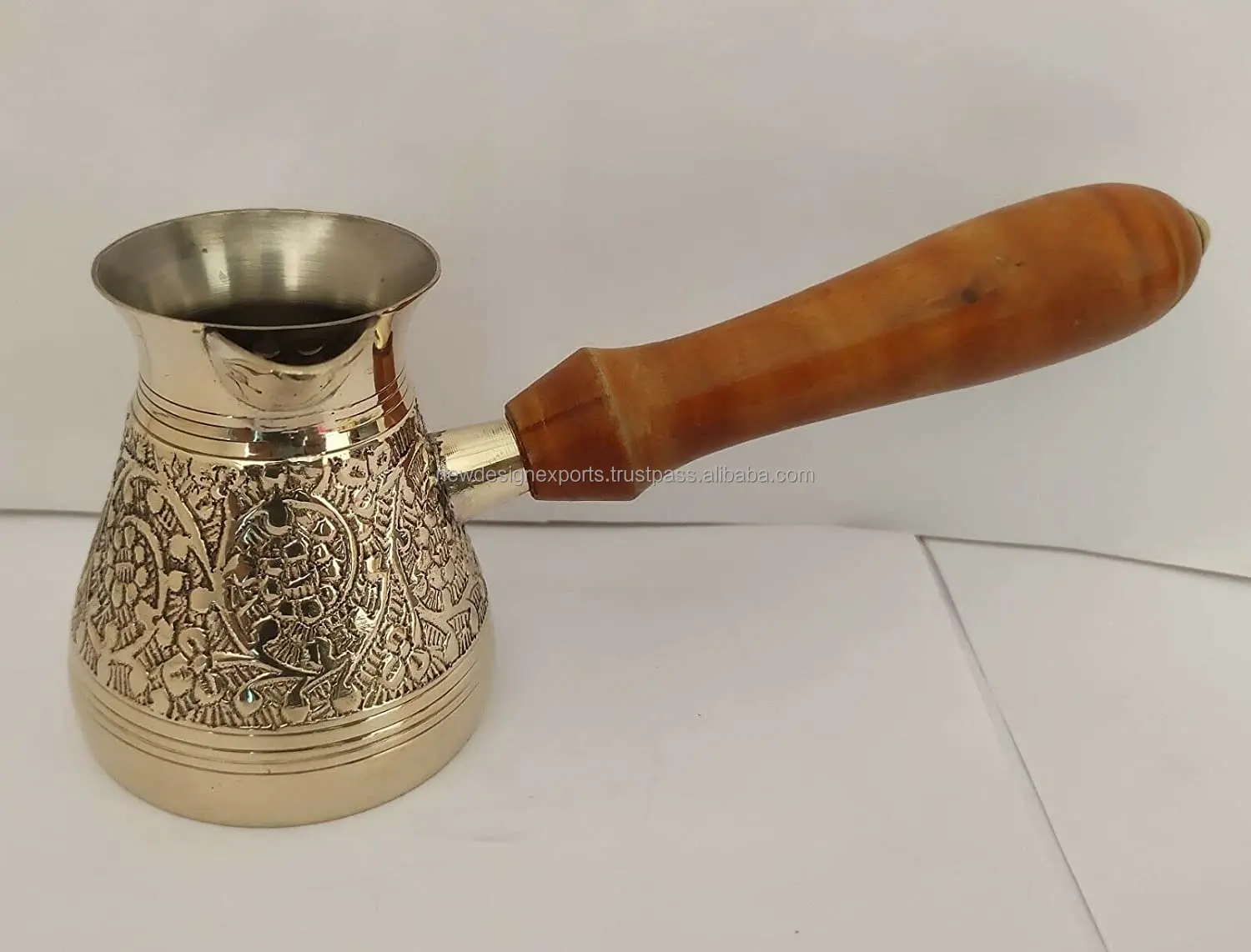 Golden Turkish Greek Arabic Coffee Pot Brass Metal Coffee Maker Cezve Ibrik Briki with Wooden Handle ( Medium - 13 Oz)