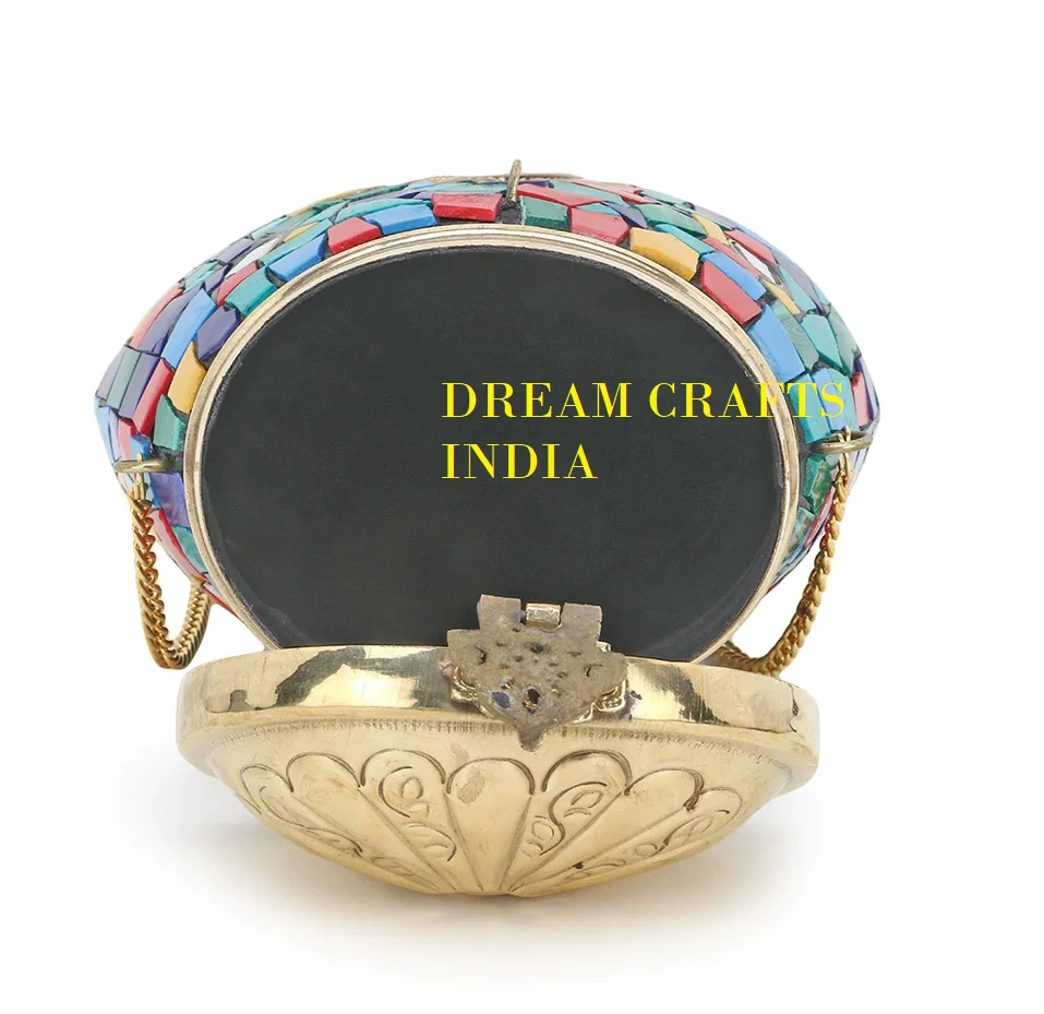 Multi Color Mosaic Clutch Bag Hand Crafted Unique Firoza Ladies Metal Sling Bags Bulk buy Golden Ball Lota Shape Indian Handbag