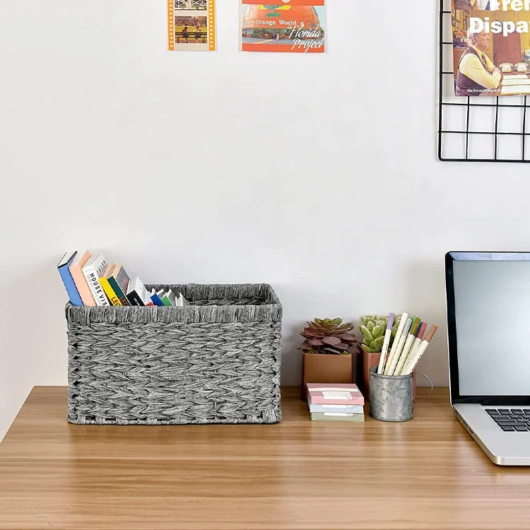 desktop Woven Rattan Storage Basket, Wicker Gray Baskets for home or office