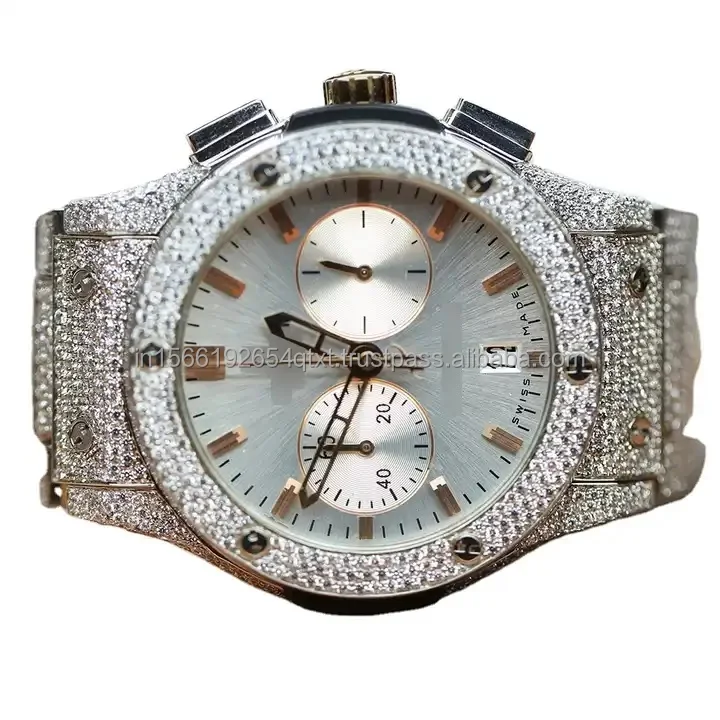 Export Quality Automatic Luxury Stainless Steel Full Iced out Hip Hop Moissanite Diamond Wrist Watch for Men from India
