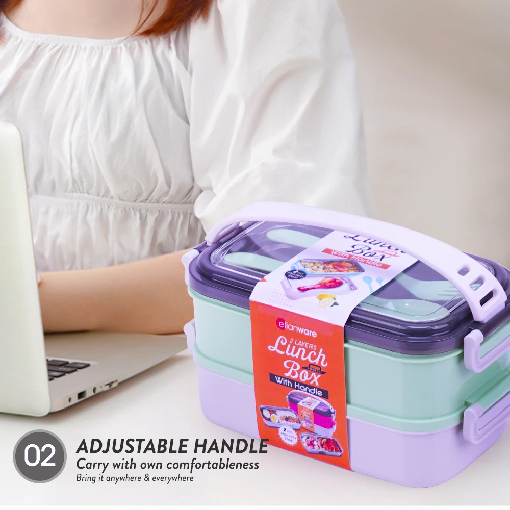 Elianware Eco Friendly High Quality Two Layer BPA Free Plastic Bento Lunch Box with Utensils Fork & Spoon