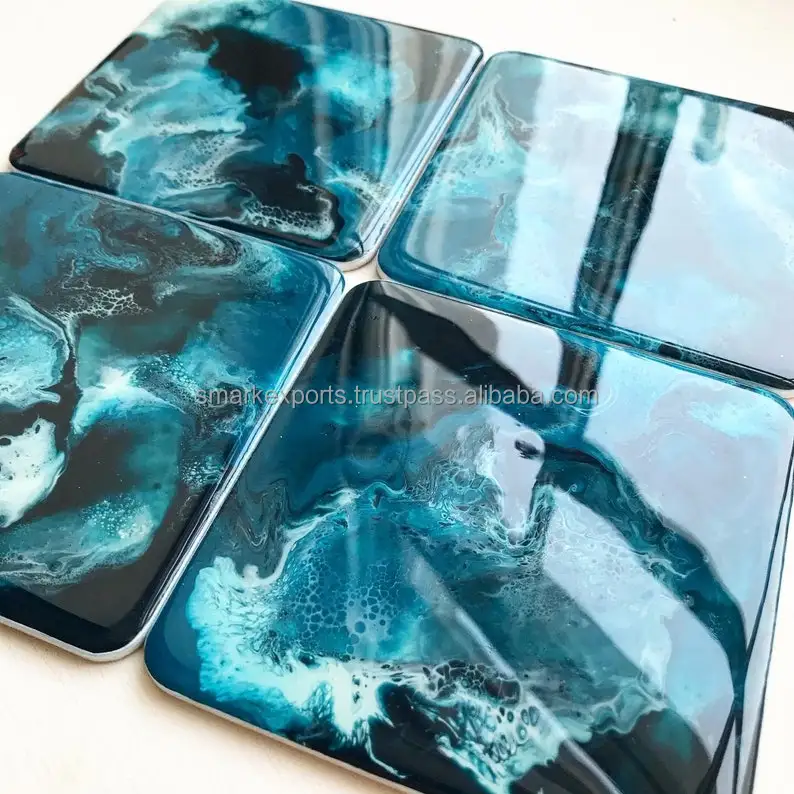 Handmade Ocean-Inspired Epoxy Resin Coasters Set of 4 Stunning Blue Wave Pattern Coastal Decor for Dining Coffee Table and Gift