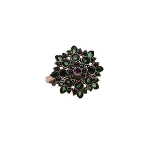 Delightful 925 Sterling Silver Oxidised Plating Studded with Ruby Emerald Stones Multilayer Flower Accented Rings for Girls