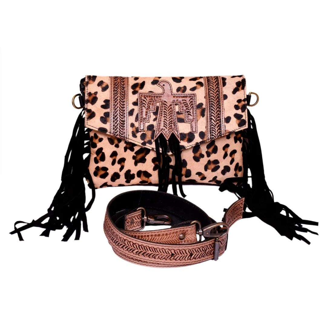 Flying Eagle Leopard Print Embossed Leather Handmade Hairon Fur Leather Crossbody Bag with Hand Tooled Matching Shoulder Strap