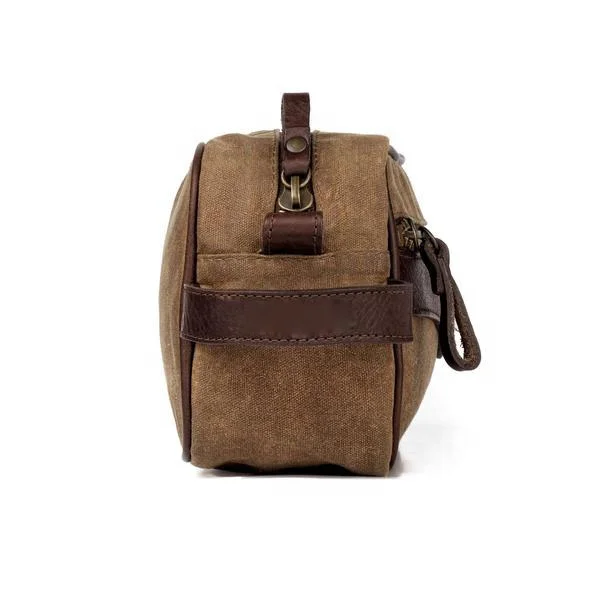 Custom Travel Waxed Canvas Mens Leather Toiletry Bag Cosmetic Bag Shaving Dopp Kit 6*10.5*3 Inches