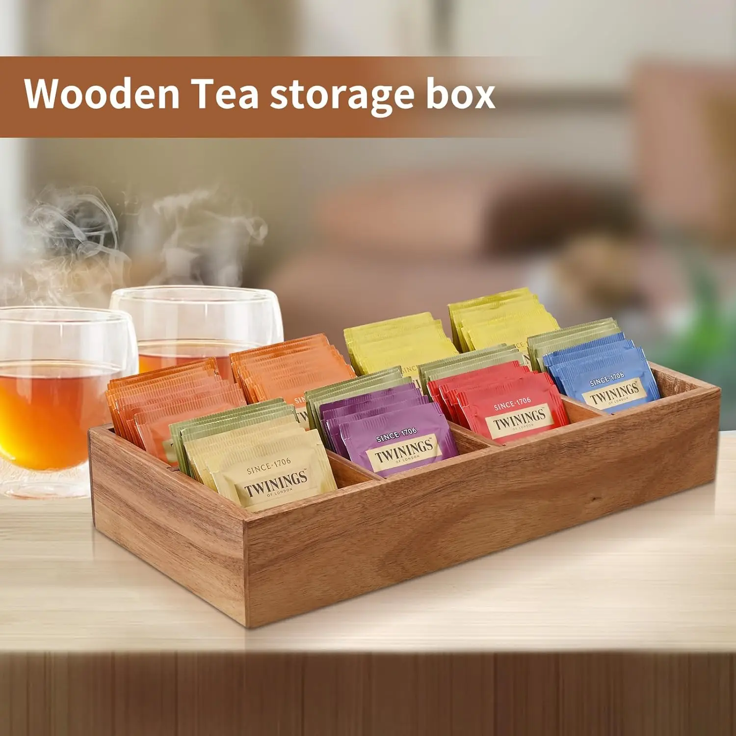 Multifunctional Acacia Wooden Tea Bag Storage Organizer with 8 Compartments Tea Storage Box with Removable Divider