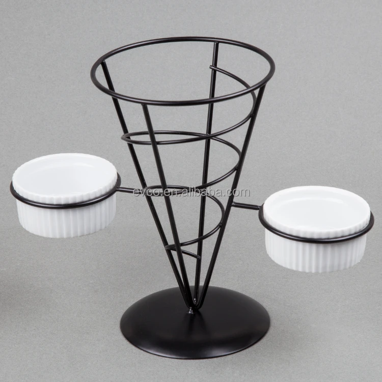 Wrought Iron French Fries Cone Holder Set in Black Powder Coated Surface with 2 Ceramic Ramekins