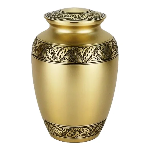 Matte Gold Finish with Hand Engraved Leave Band on Lid , Top and Bottom Classic Brass Extra Large Cremation Urn 11.5Hx7.75D inches 3.7Kg BCU-18L.png