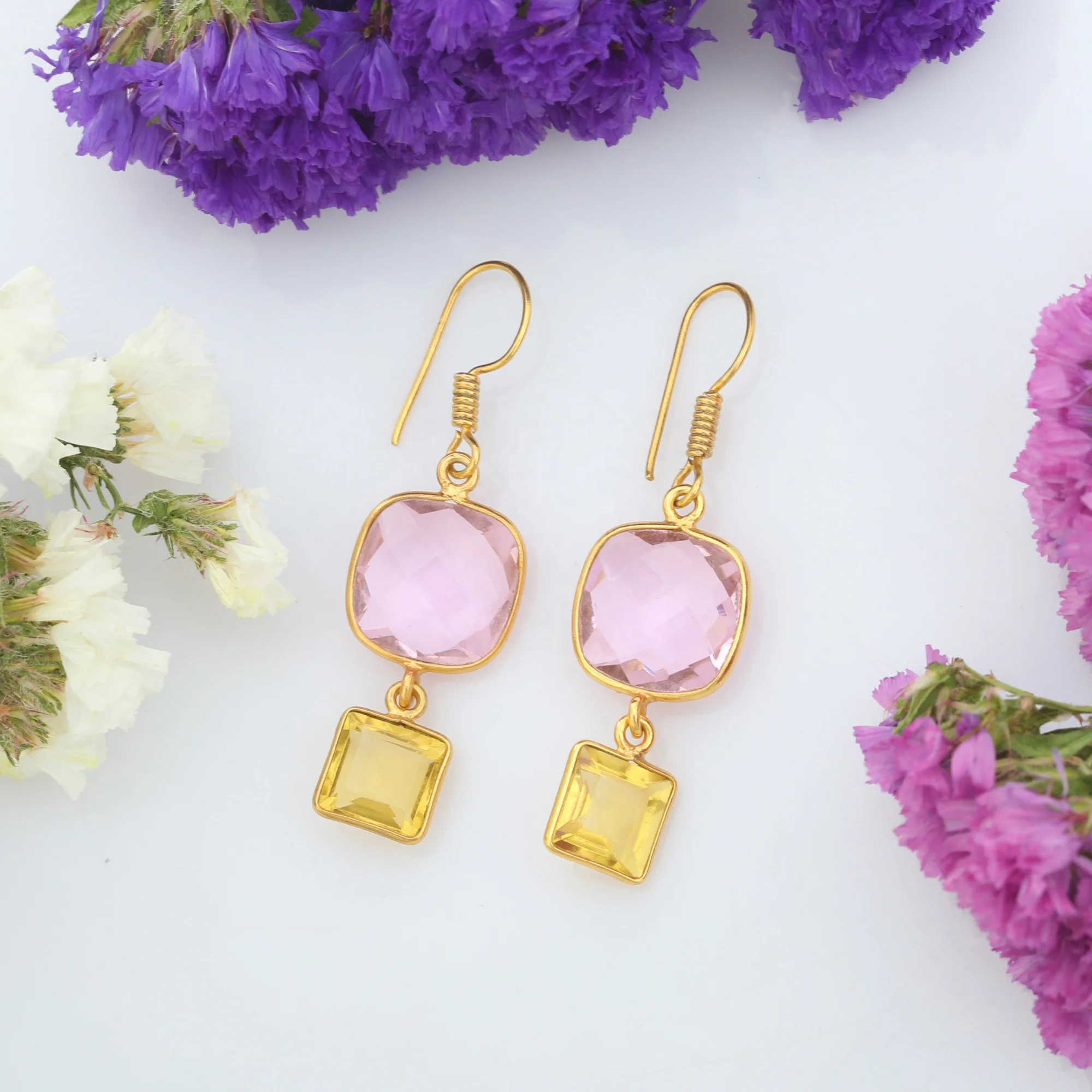 Pink Quartz  and Top Citrine Heggie Earring 925 Sterling Silver Indian Fashion Jewelry For Women And Girls